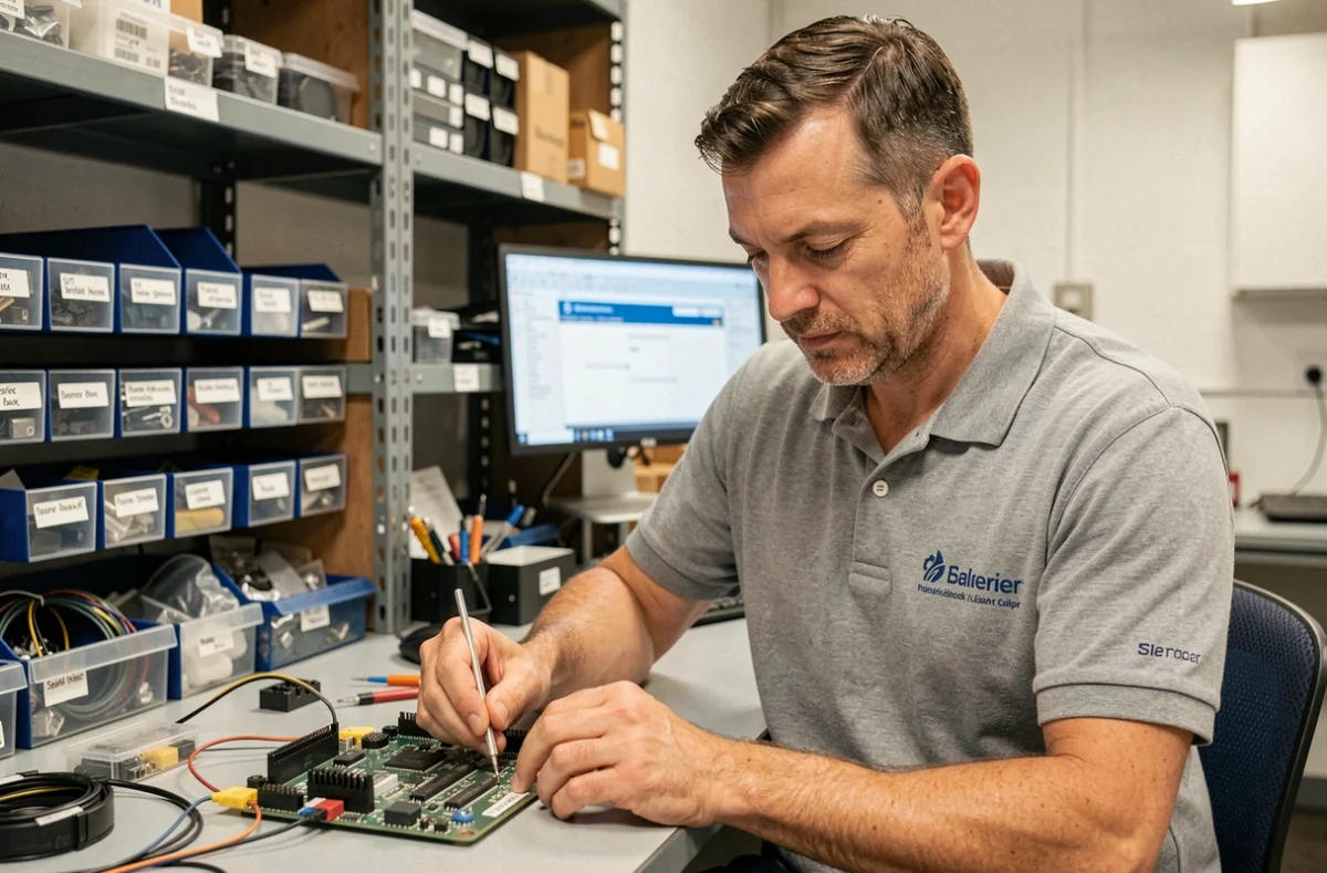 Technicien de A2MI réparant une carte mère dans un atelier informatique professionnel