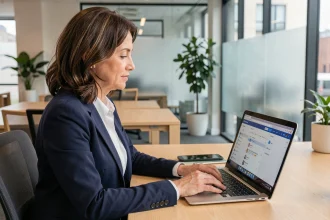 Femme professionnelle accédant à sa messagerie webmail sur un ordinateur portable dans un bureau moderne
