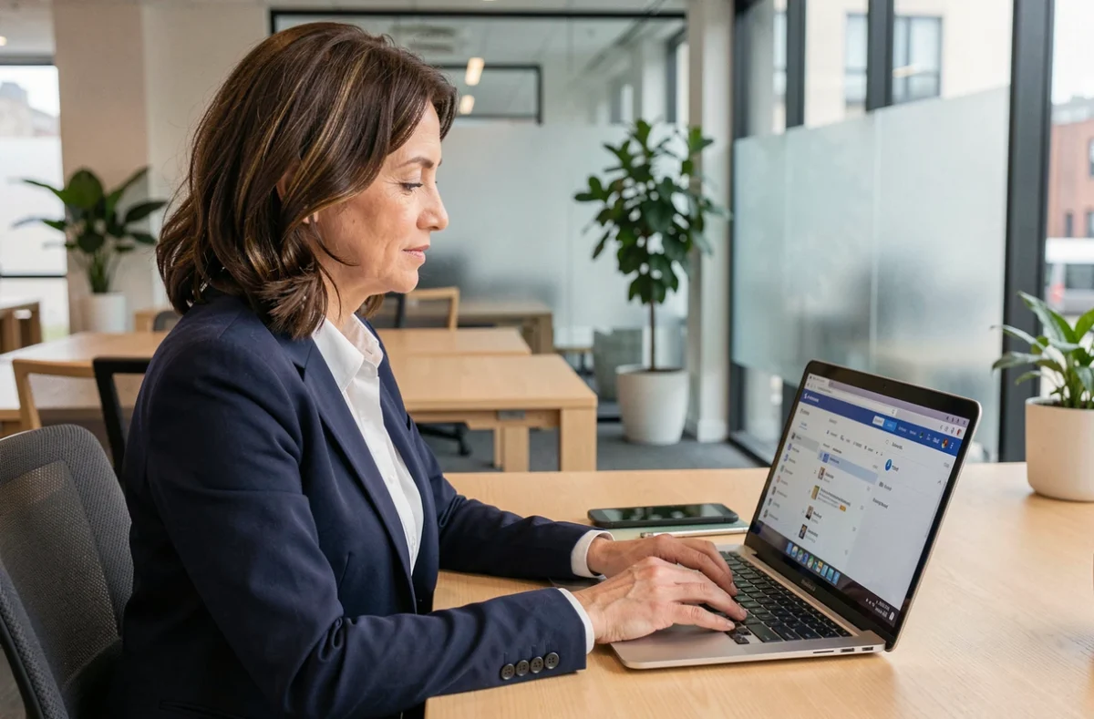 Femme professionnelle accédant à sa messagerie webmail sur un ordinateur portable dans un bureau moderne