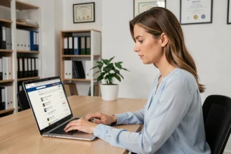 Femme connectée à sa messagerie académique webmail sur un ordinateur portable dans un bureau universitaire