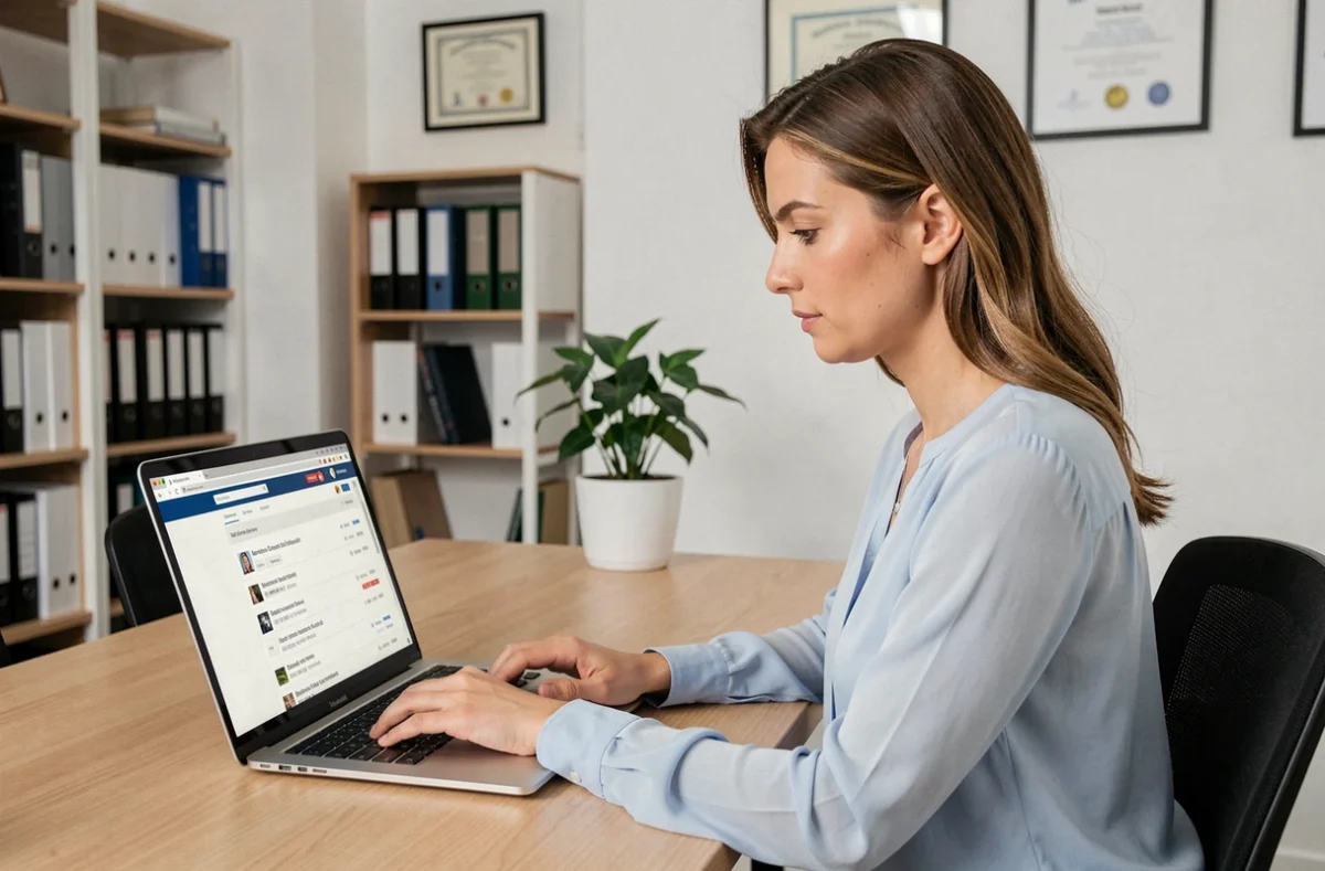 Femme connectée à sa messagerie académique webmail sur un ordinateur portable dans un bureau universitaire