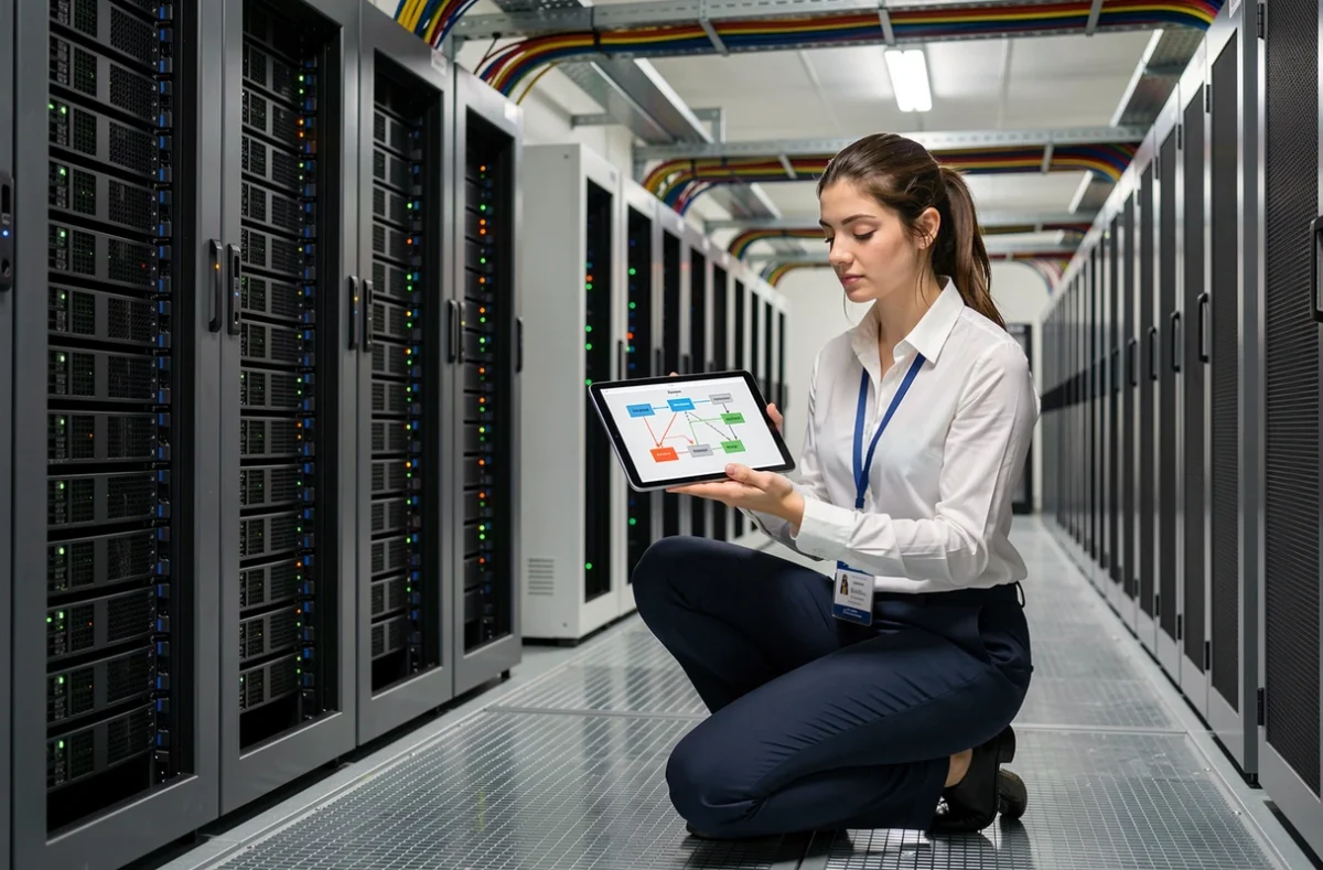 Administratrice de base de données consultant un schéma SQL dans une salle de serveurs professionnelle