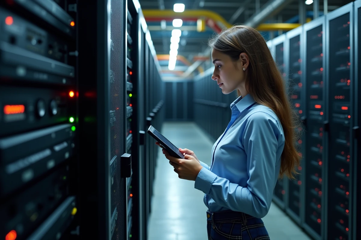 Femme administrant un serveur dans une salle technique