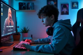 Adolescent frustré devant un écran d'erreur de connexion Fortnite dans sa chambre de gamer le soir