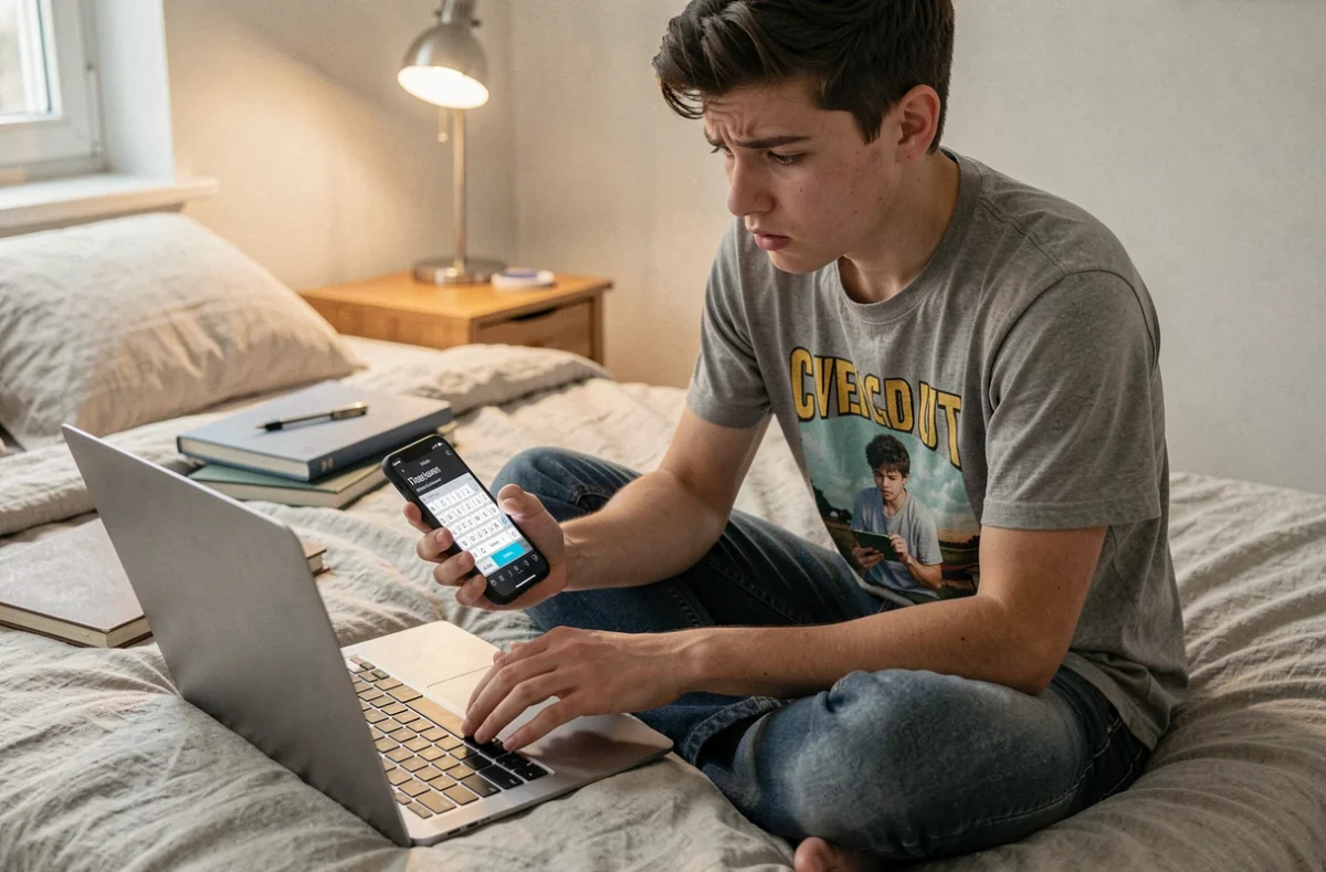 Adolescent comparant son téléphone et son clavier pour trouver la touche arobase