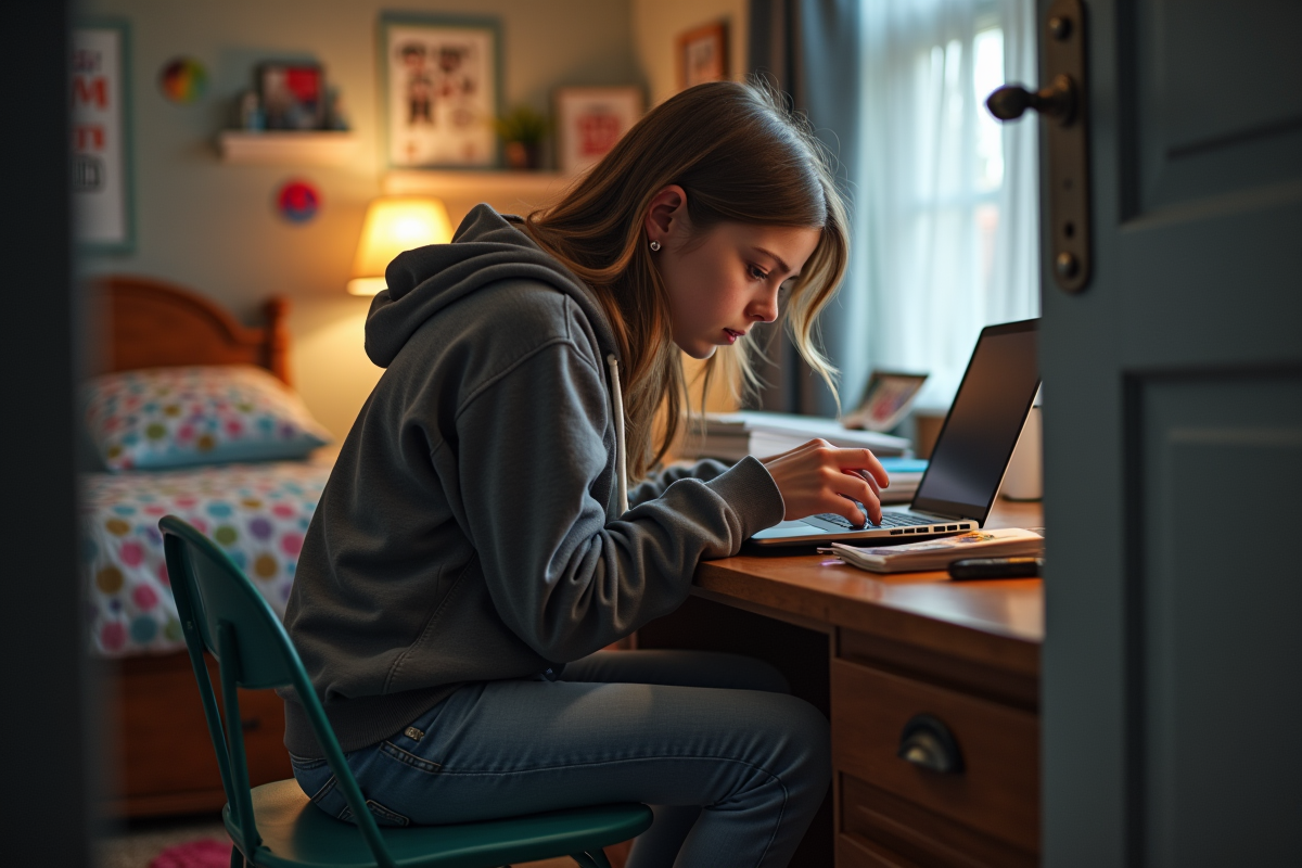 Jeune fille sur son bureau avec ordinateur portable