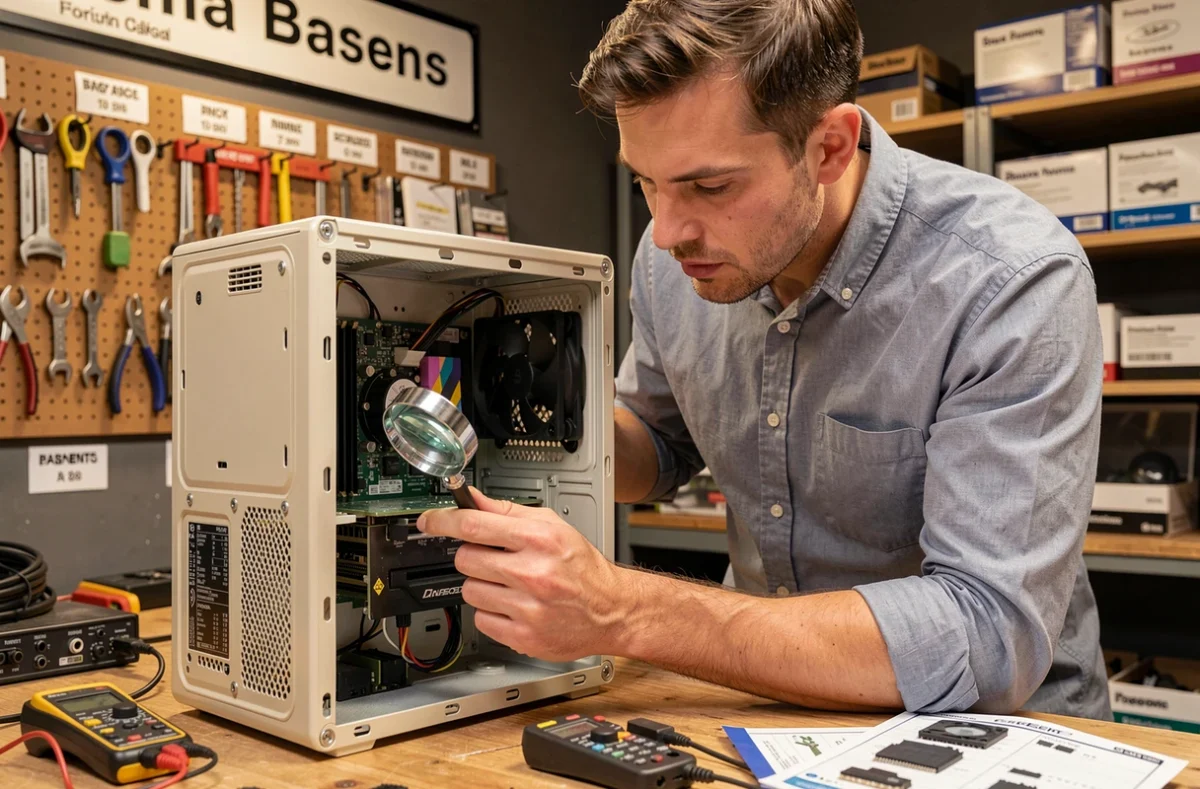 Technicien d'Aguettaz Informatique réparant un PC de bureau dans son atelier à Bassens