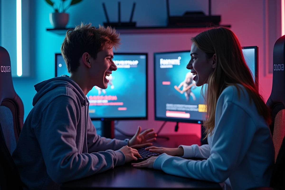 Deux amis ados devant un double écran avec une erreur Fortnite et un test de débit réseau pour diagnostiquer la saturation