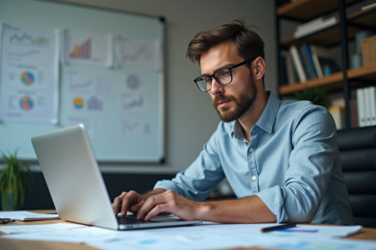 Analyste concentré sur son ordinateur dans un bureau moderne