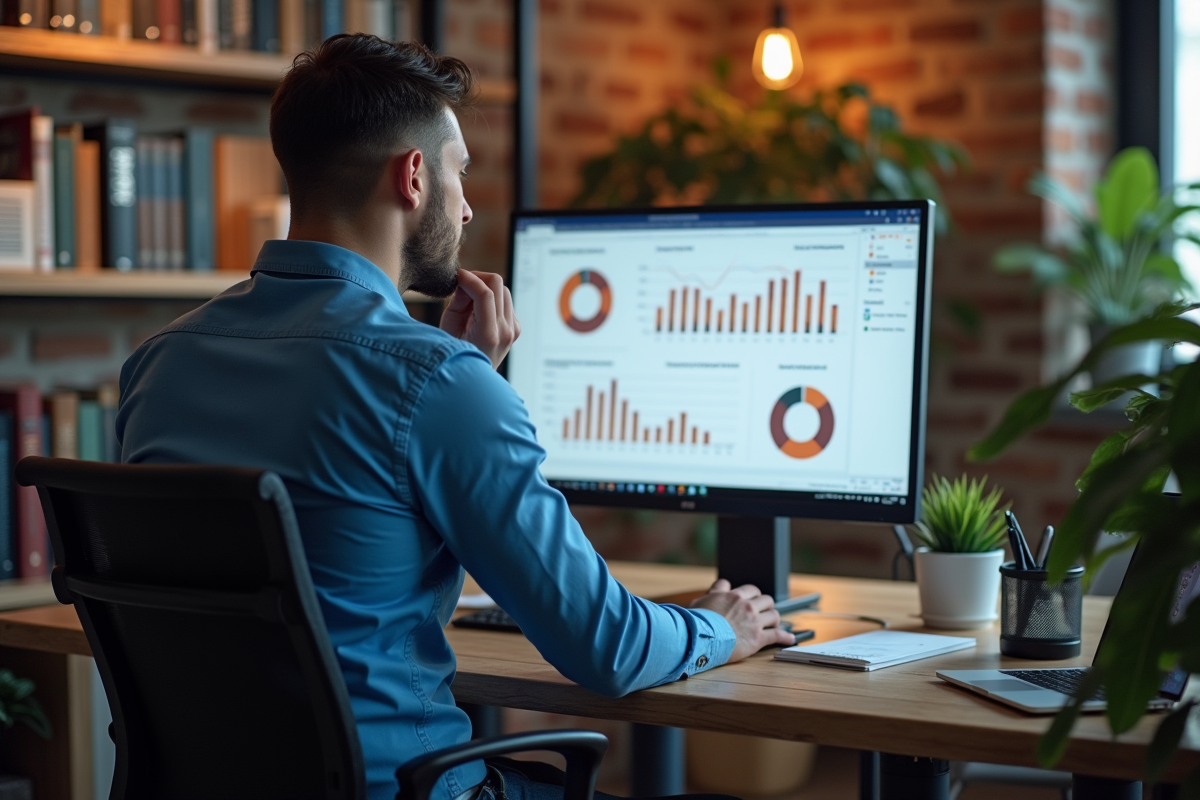 Jeune homme analysant des graphiques SEO sur un bureau moderne
