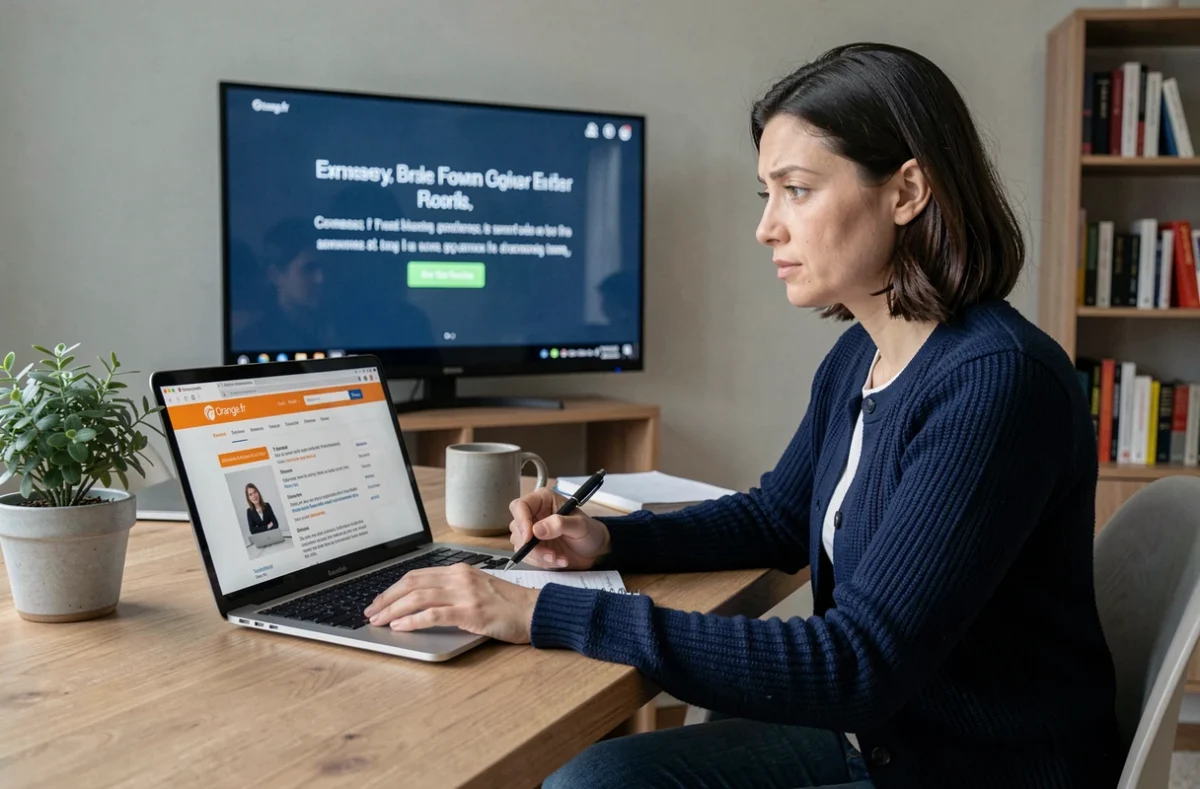 Femme consultant le site Orange.fr pour résoudre le code erreur L11-06 sur sa télévision