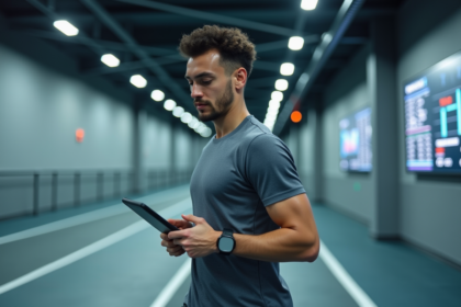 Jeune athlète courant avec montre connectée et tablette
