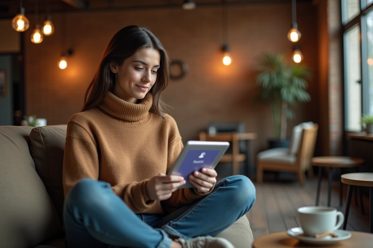 Jeune professionnelle configurant une boîte mail Yahoo sur sa tablette dans un espace de coworking chaleureux