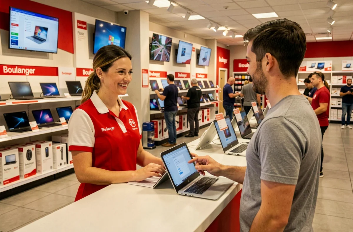 Employée Boulanger en uniforme rouge enregistrant une demande de réparation d'ordinateur au magasin de Plaisir