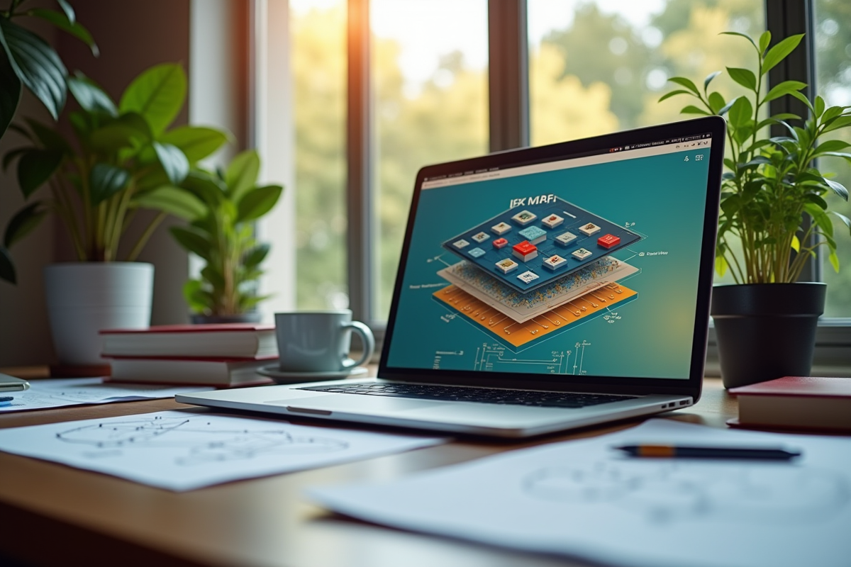 Bureau avec ordinateur portable diagramme NFV et plantes vertes