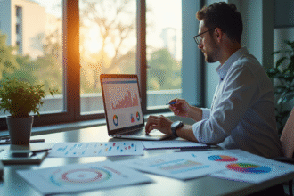 Espace de travail moderne avec un ordinateur affichant des tableaux de bord marketing