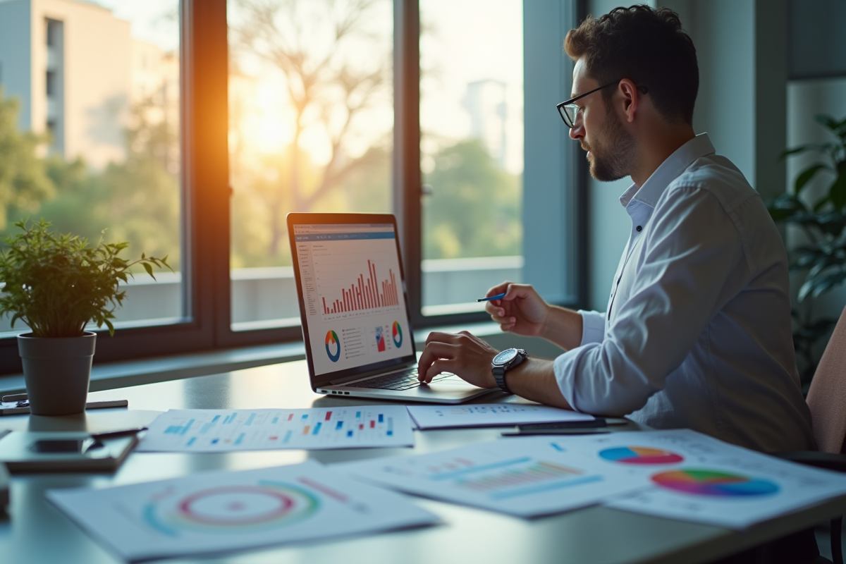 Espace de travail moderne avec un ordinateur affichant des tableaux de bord marketing