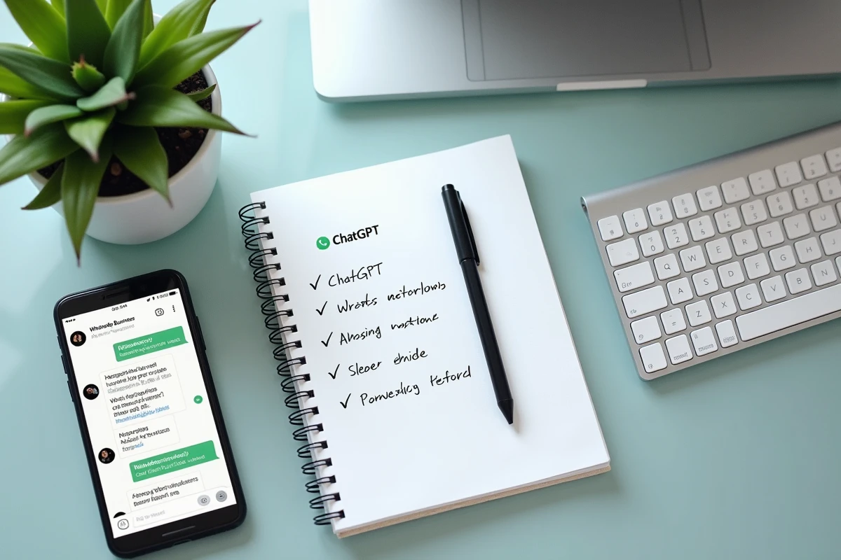 Vue en plongée d'un bureau avec smartphone affichant ChatGPT et WhatsApp Business pour automatiser une activité commerciale