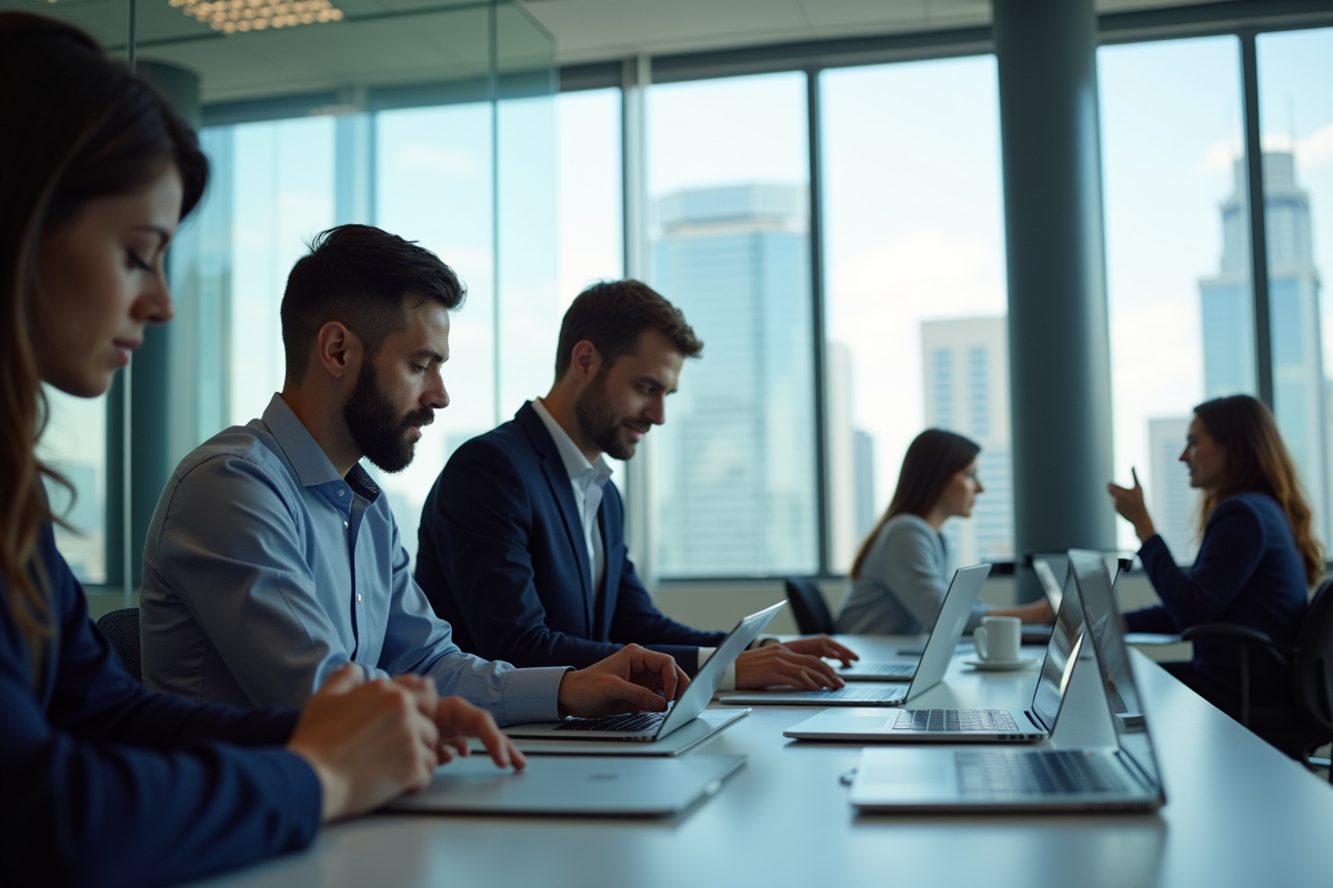 Bureau moderne avec equipe digitale collaborant