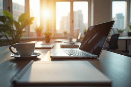 Bureau moderne avec ordinateur et cafe lumineux
