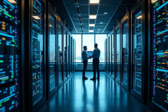 Salle serveurs moderne avec racks et technicien analysant diagrammes