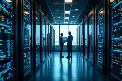 Salle serveurs moderne avec racks et technicien analysant diagrammes