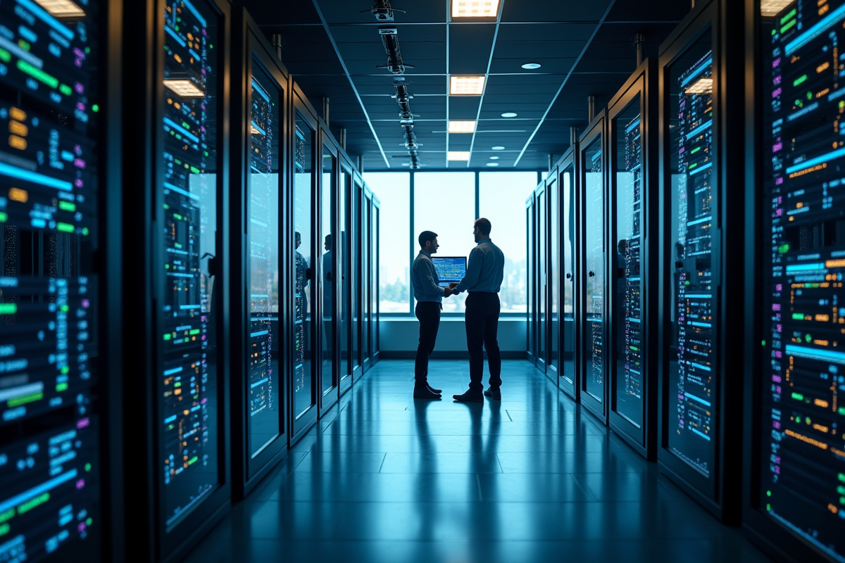 Salle serveurs moderne avec racks et technicien analysant diagrammes
