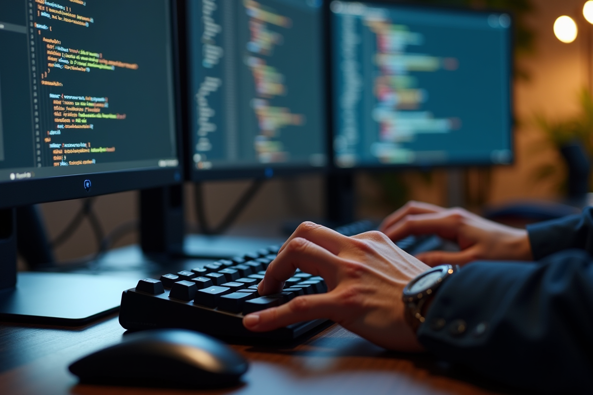 Mains tapant sur un clavier mécanique avec deux écrans en arrière-plan