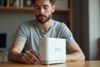 Main tenant une Bbox Bouygues Telecom pour montrer l'étiquette avec la clé de sécurité réseau au bas du routeur
