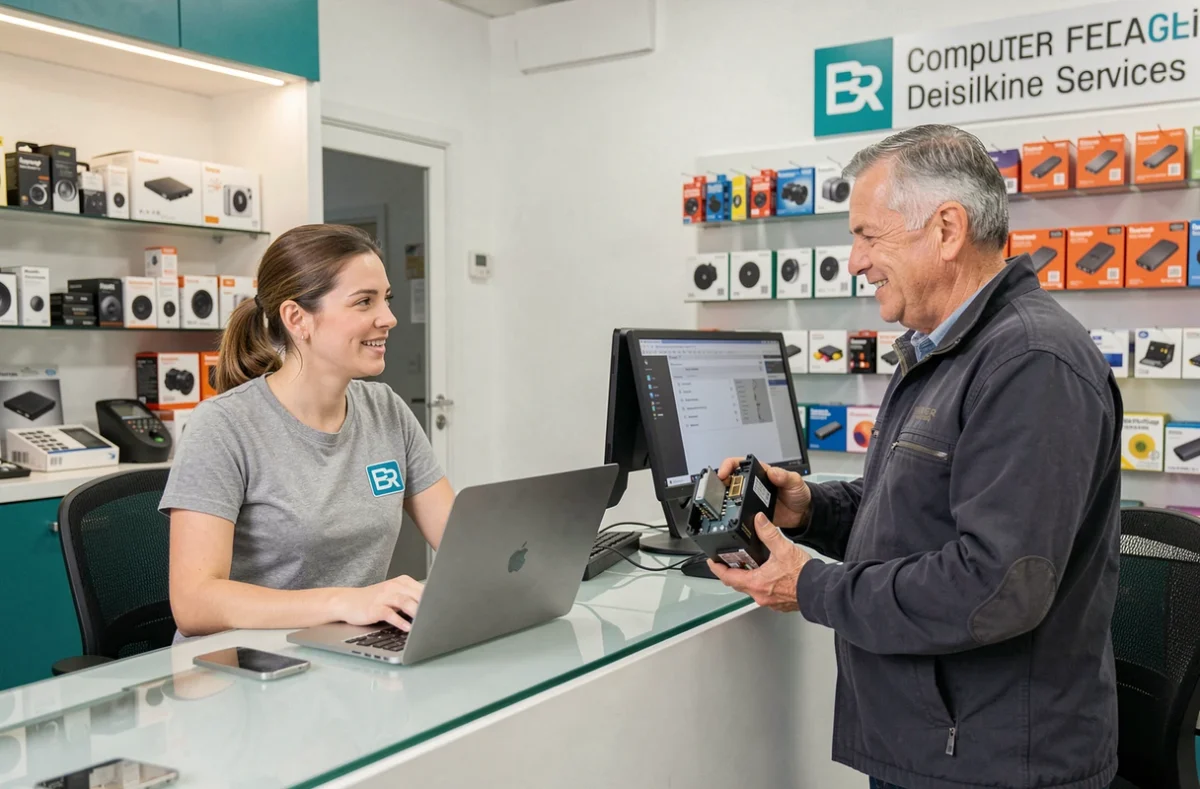 Technicienne de Cliquez et Réparer accueillant un client pour un dépannage informatique à Chambéry