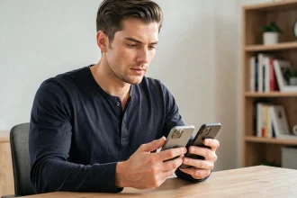 Homme comparant un smartphone Android et un iPhone iOS côte à côte dans un bureau moderne