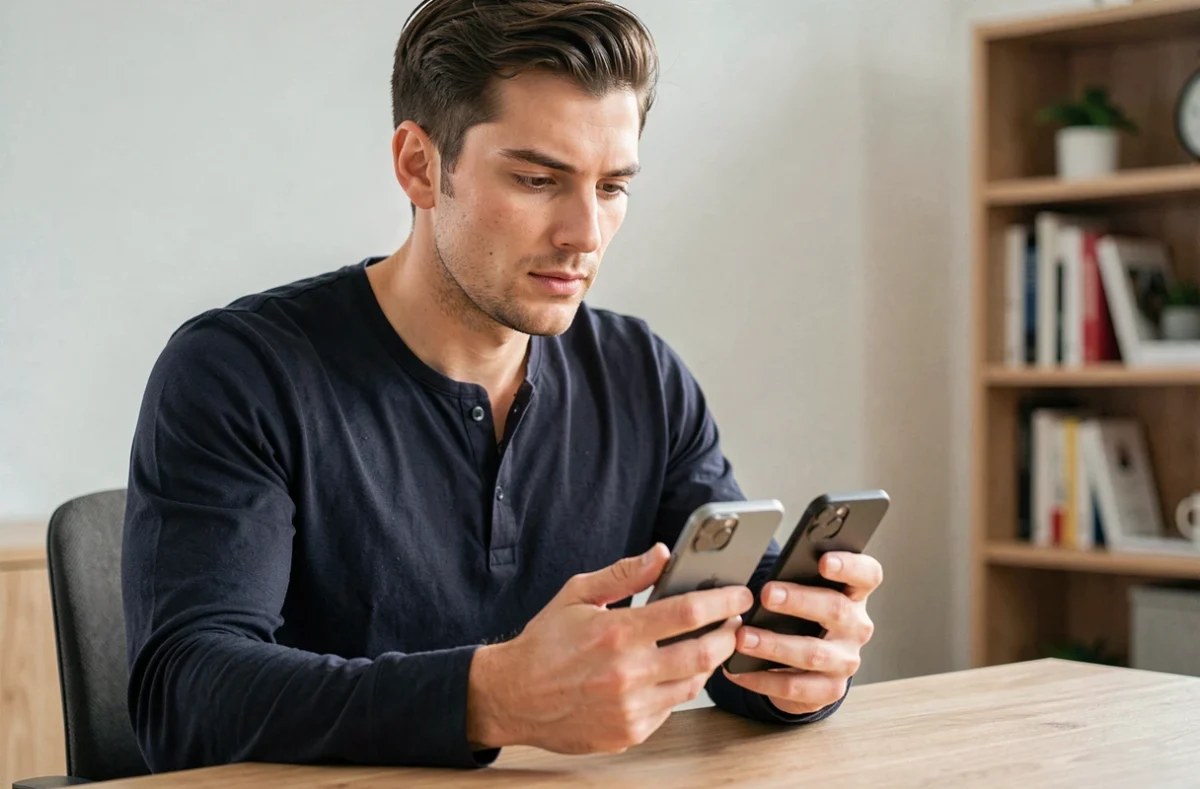 Homme comparant un smartphone Android et un iPhone iOS côte à côte dans un bureau moderne