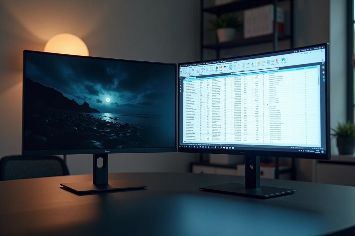 Comparaison côte à côte d'un écran OLED et d'un écran IPS 27 pouces sur un bureau minimaliste