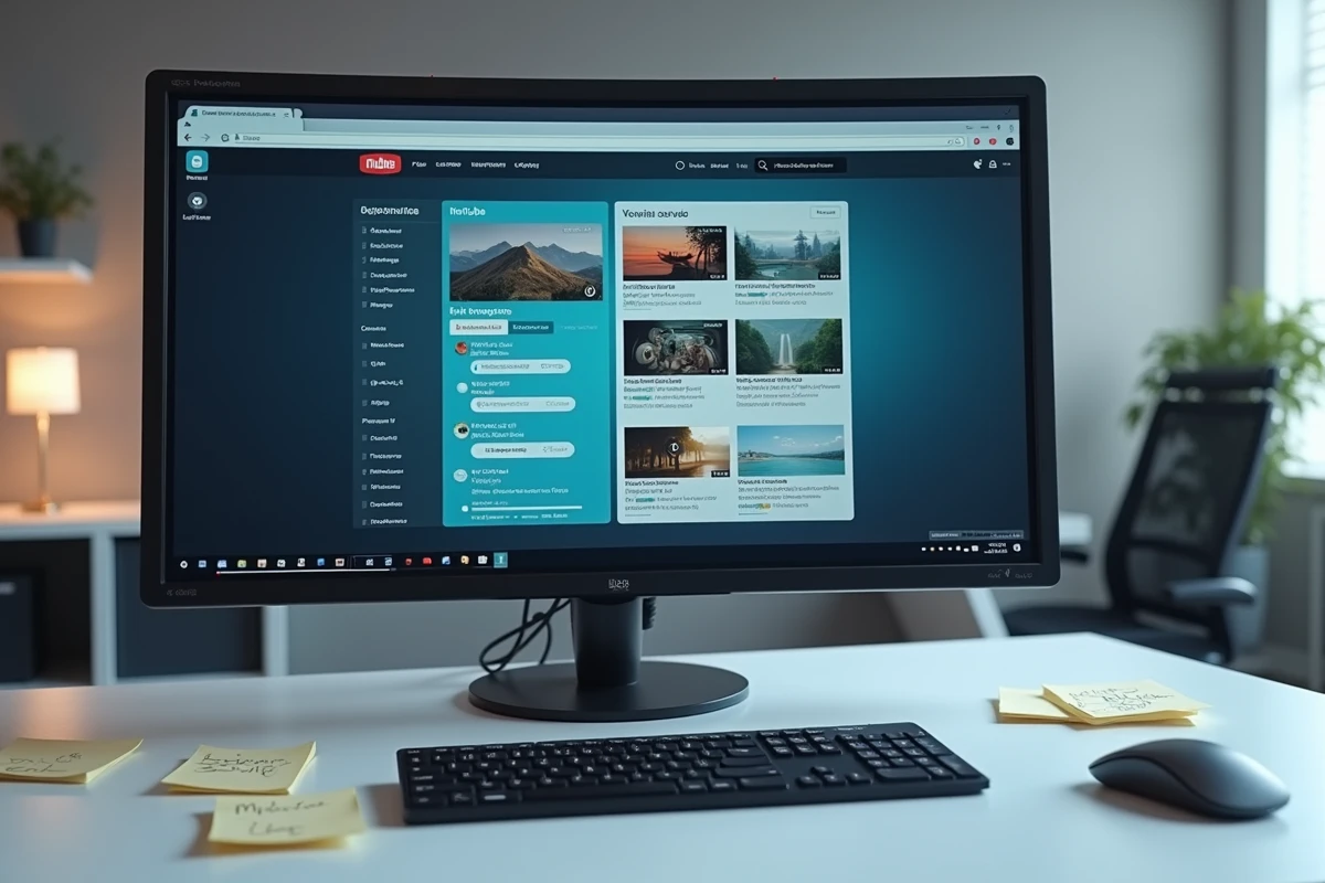 Bureau informatique avec comparaison de deux interfaces de téléchargement de vidéos YouTube sur écran