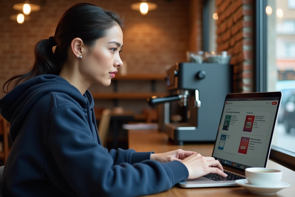 Femme comparant deux outils de téléchargement YouTube sur MacBook dans un café