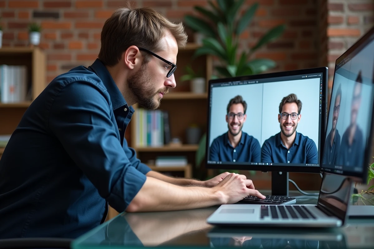 Homme comparant la qualité d'images JFIF et JPEG sur deux écrans dans un studio créatif