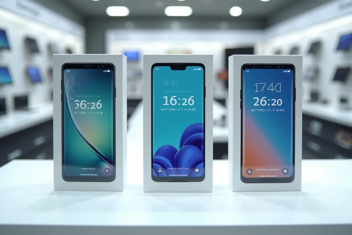 Comparaison de trois smartphones Android posés côte à côte sur un présentoir de magasin d'électronique avec statistiques de batterie affichées