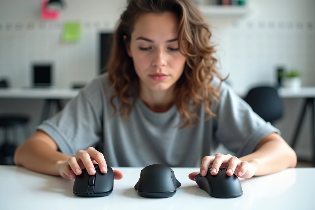Jeune femme comparant trois souris gaming sans fil posées côte à côte sur une table blanche