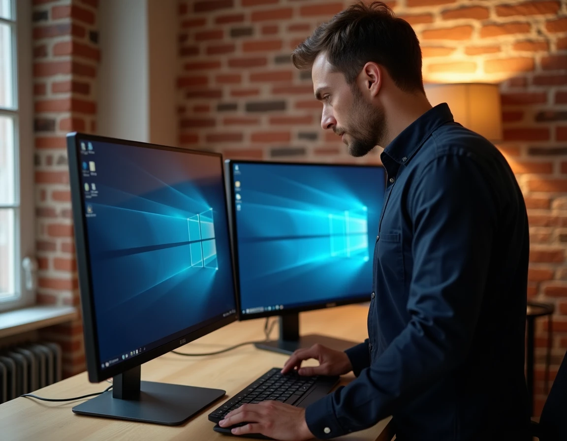 Comparaison de deux tailles d'écrans PC sur un bureau compact dans un petit appartement