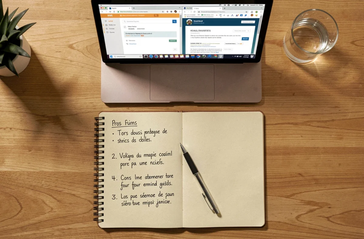 Vue de dessus d'un bureau avec ordinateur portable comparant webmail et client mail IONOS et un carnet de notes manuscrites