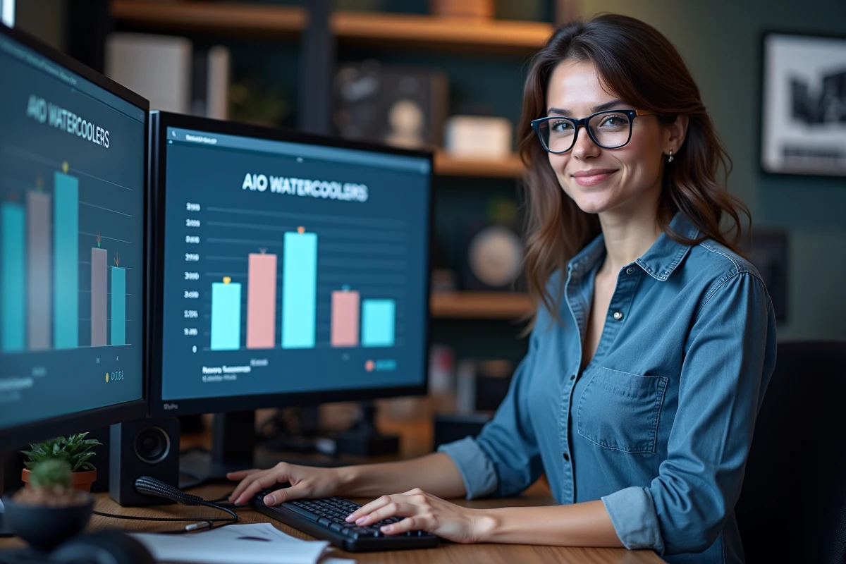 Femme présentant un comparatif de watercoolers sur un écran