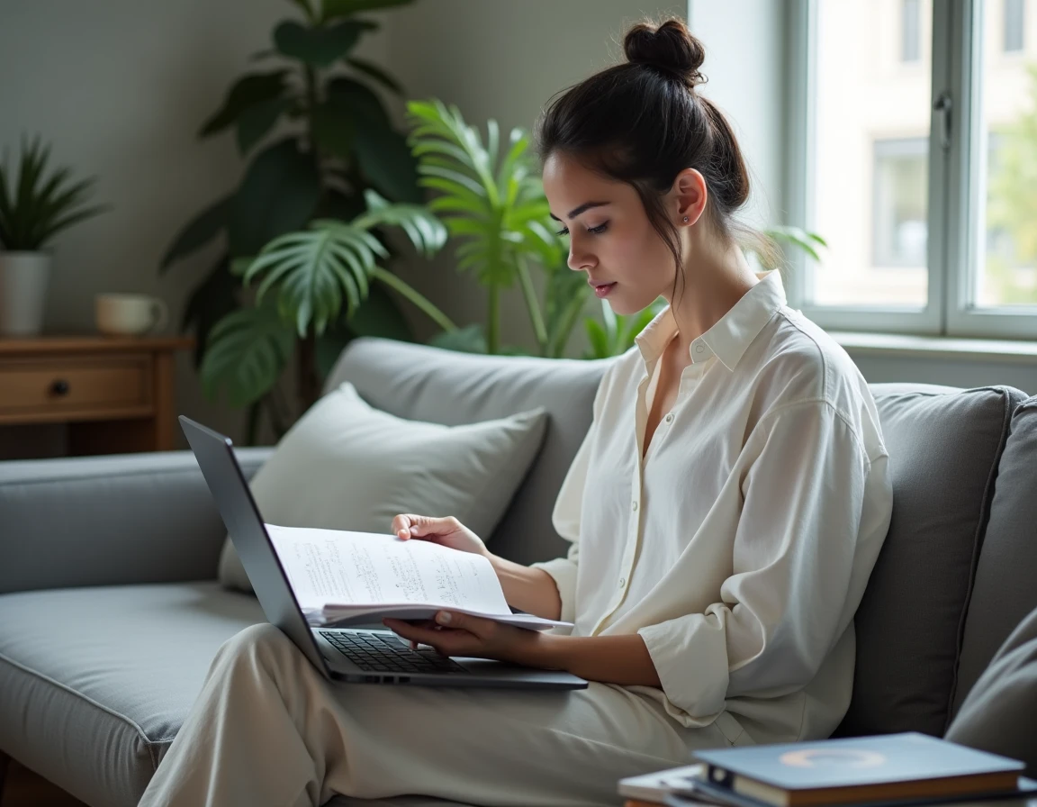 Conceptrice de jeux comparant un GDD physique et des notes numériques sur ordinateur portable dans un espace de travail moderne
