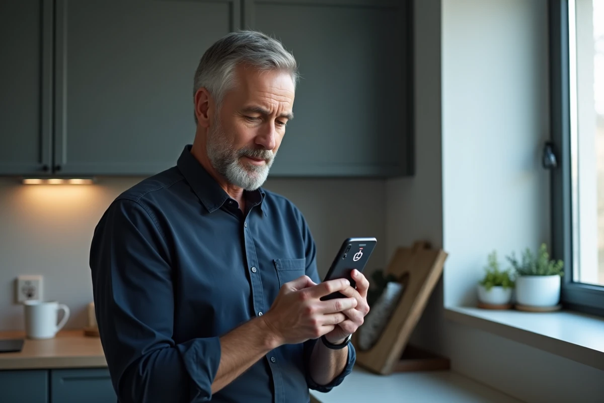 Homme vérifiant les paramètres de confidentialité d'une application de téléchargement vidéo sur smartphone