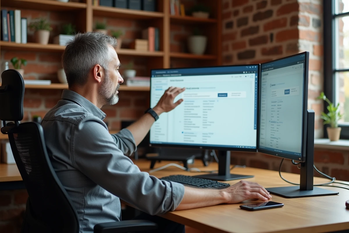 Homme d'affaires configurant un compte webmail IONOS 1and1 sur grand écran dans un bureau à domicile chaleureux