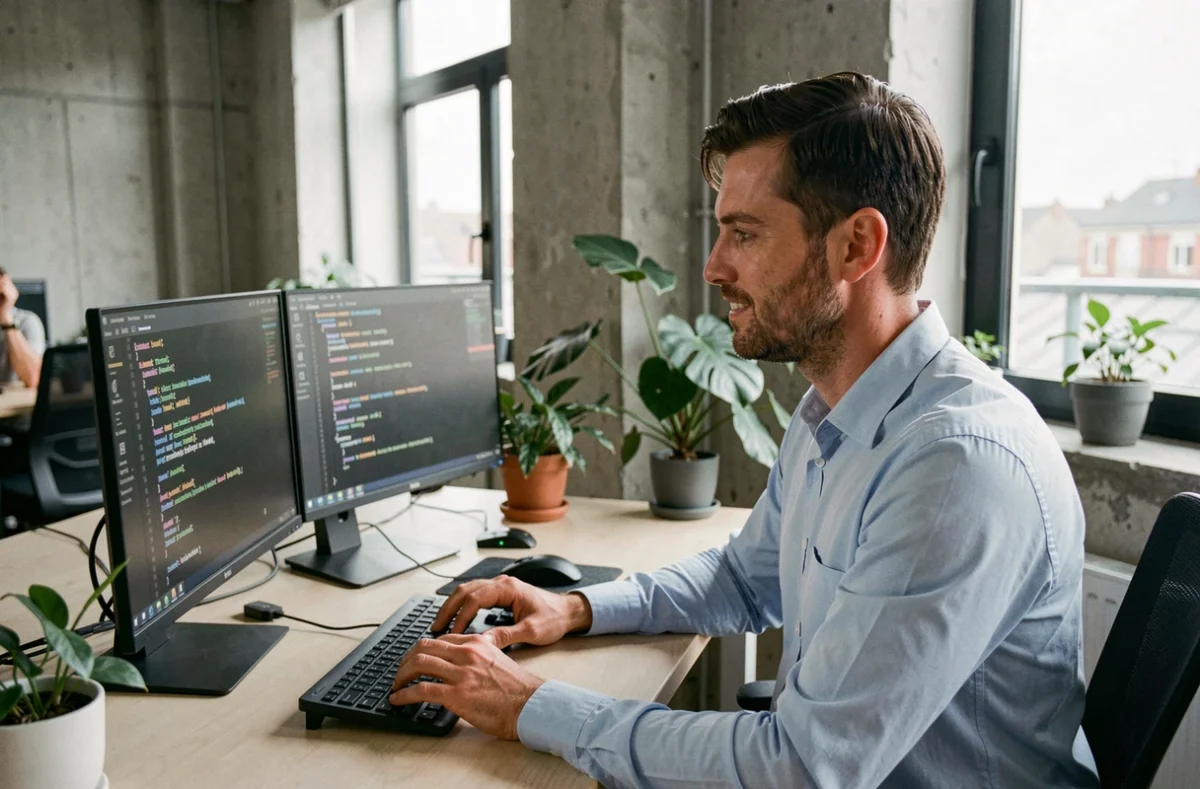 Consultant informatique en Hauts-de-France travaillant sur des écrans dans un bureau moderne à Lille