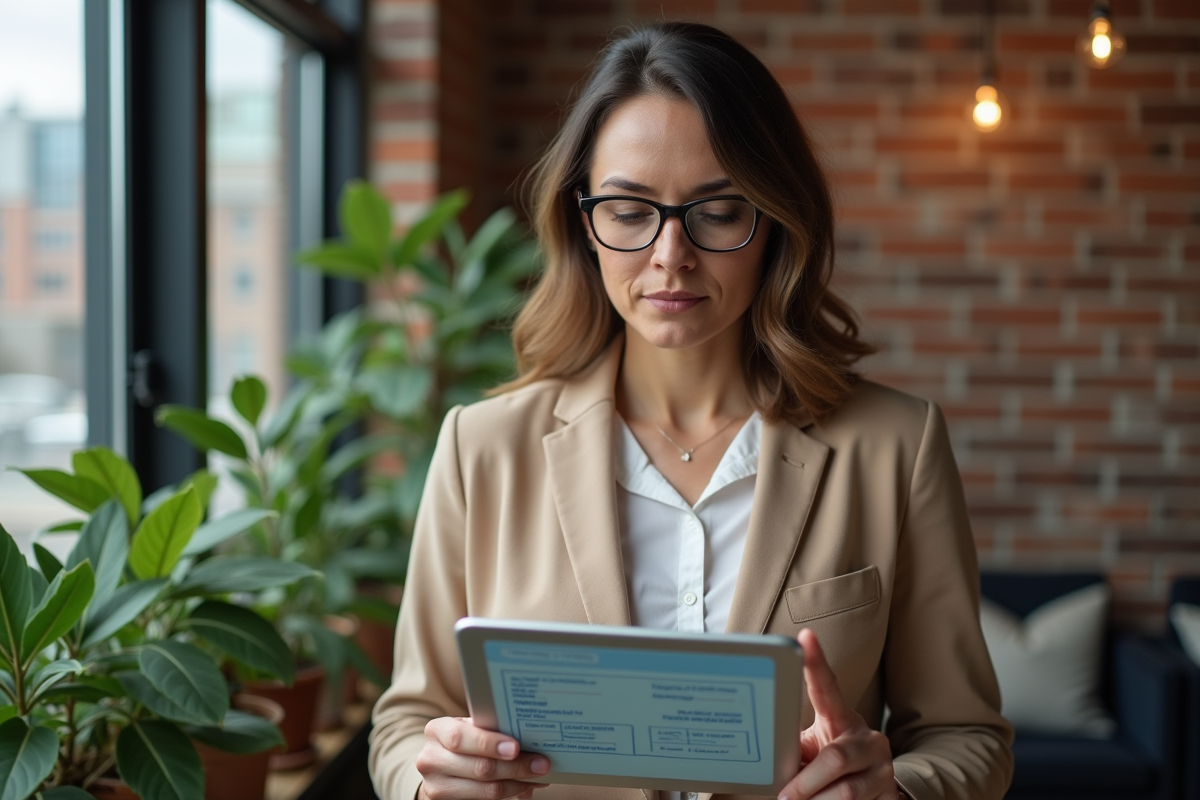 Femme consultante web pointant des diagrammes sur une tablette dans un espace coworking