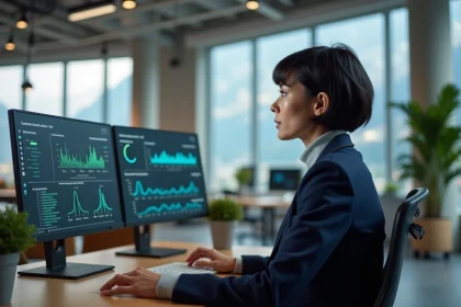 Professionnelle analysant les nouveaux systèmes de convergence AC sur des écrans dans un bureau moderne de Grenoble en 2026