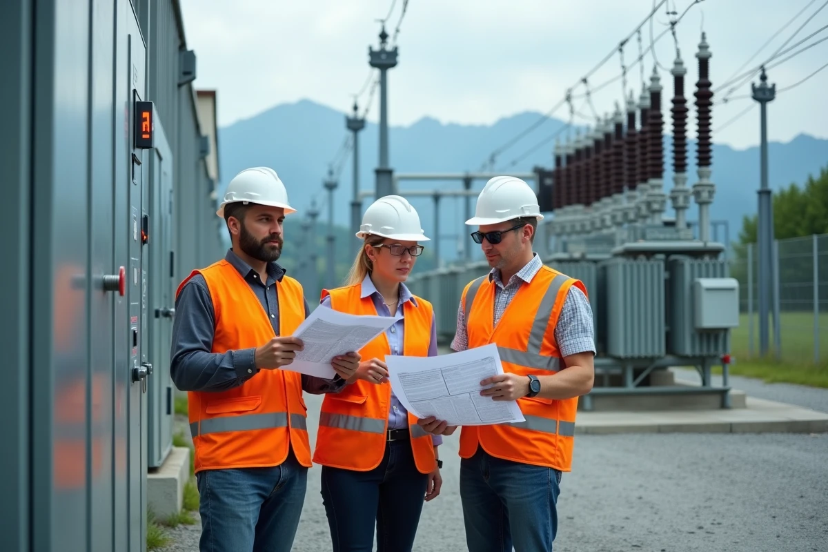 Équipe d'ingénieurs inspectant une infrastructure de convergence AC en périphérie de Grenoble