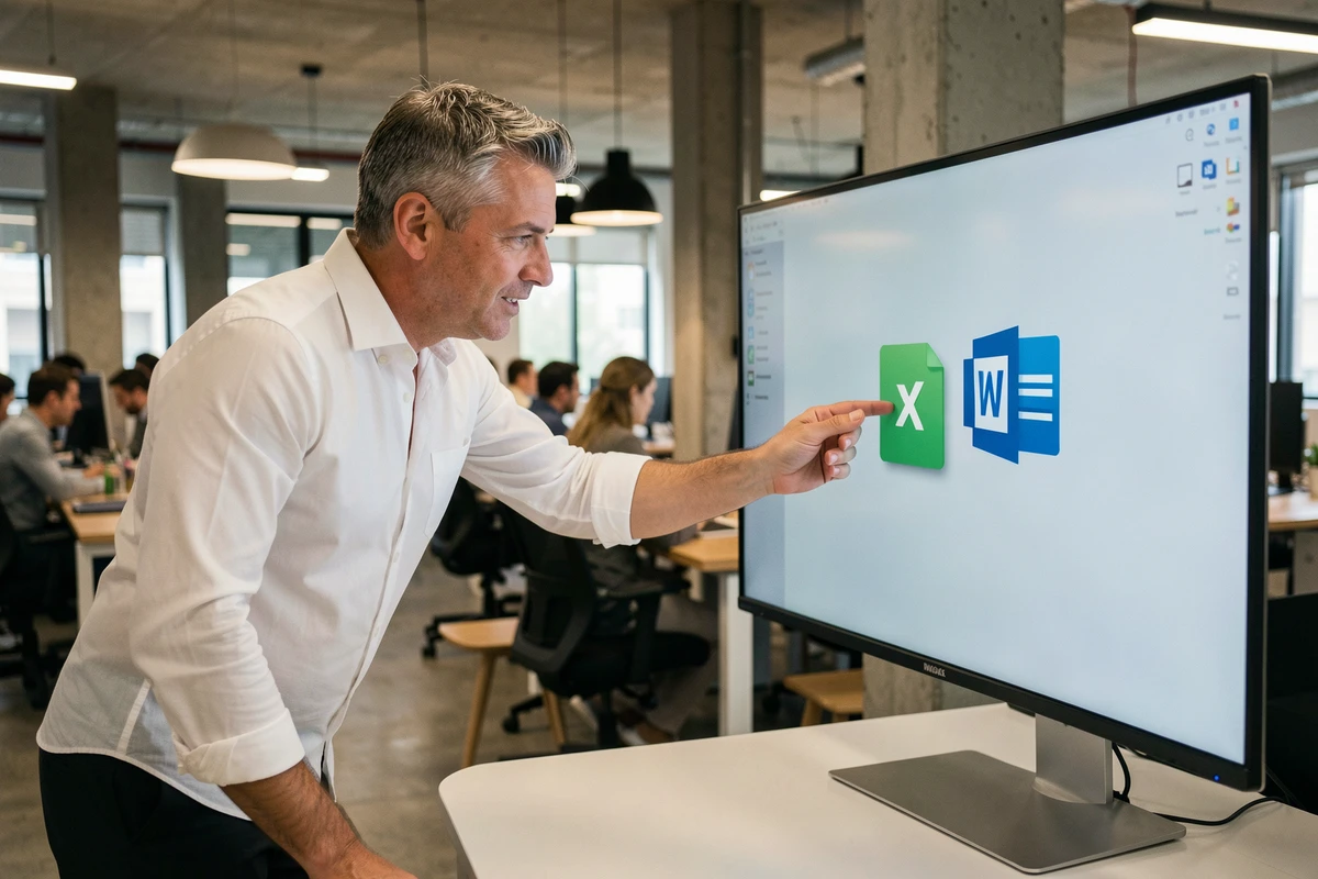 Homme en bureau open space convertissant un fichier Pages en Word sur un grand écran externe
