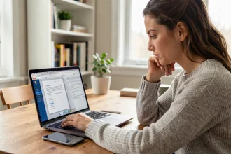 Femme comparant un fichier Pages et un document Word sur son MacBook dans un bureau à domicile bien rangé